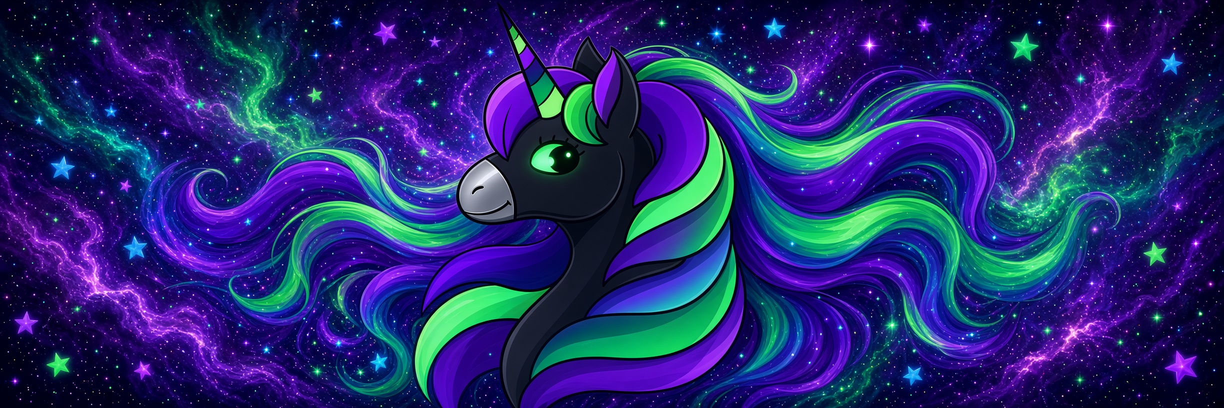 Solana Unicorn galactic banner with flowing neon mane